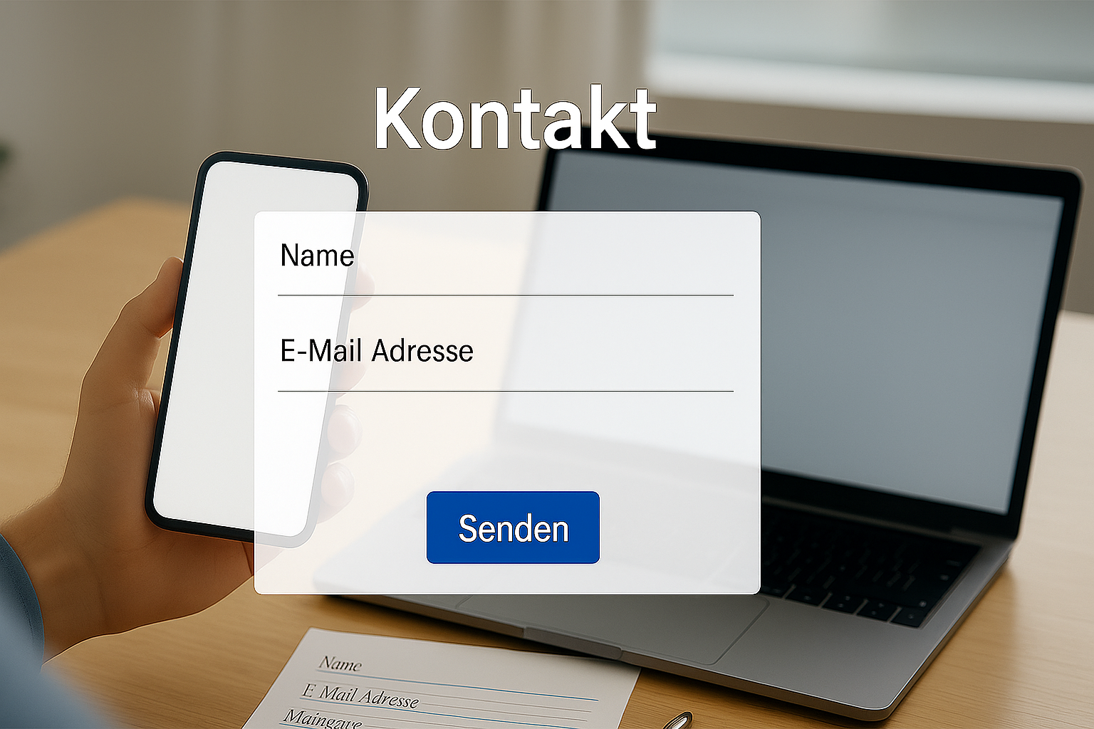 Kontaktformular auf Smartphone-Display. Ein Formular zur Kontaktaufnahme mit Feldern für Name und E-Mail-Adresse.