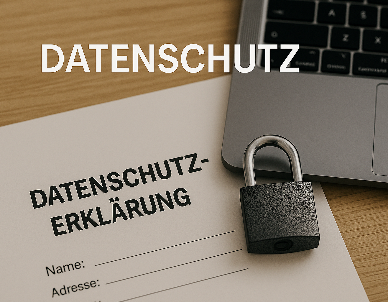 Ein Dokument zur Datenschutzerklärung mit einem Schloss und einer Laptoptastatur.