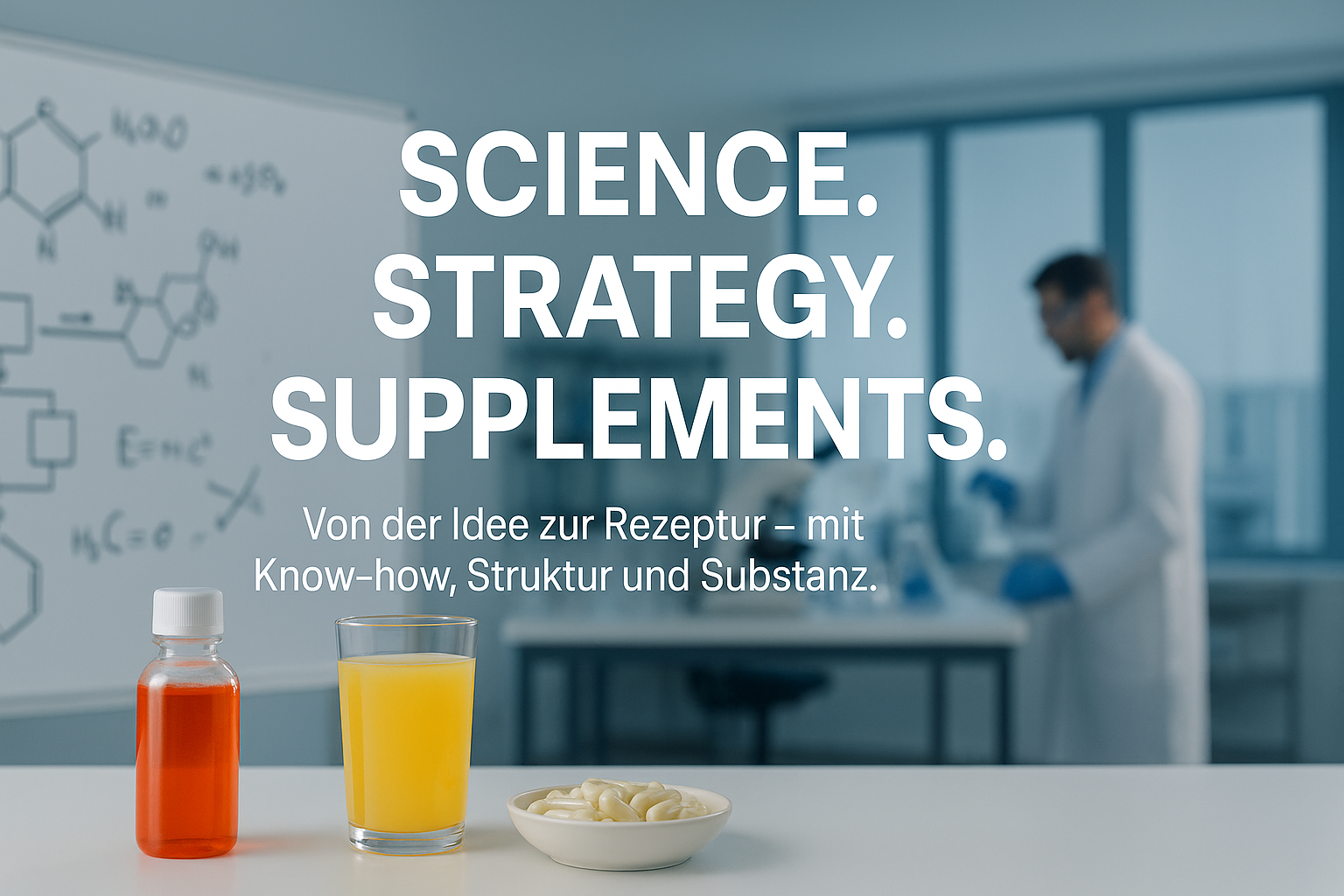 Rote und gelbe Getränke stehen vor einer Szenerie aus dem Laboralltag.