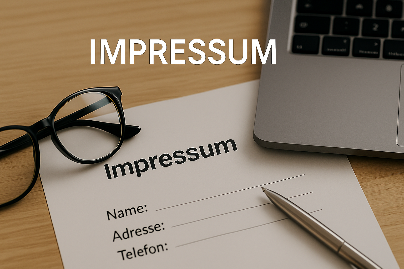 Dokument mit dem Titel „Impressum“ und einer Brille neben einem Laptop.